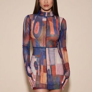 Fashion Nova Blue and Orange Sheath Dress with Bishop Sleeves